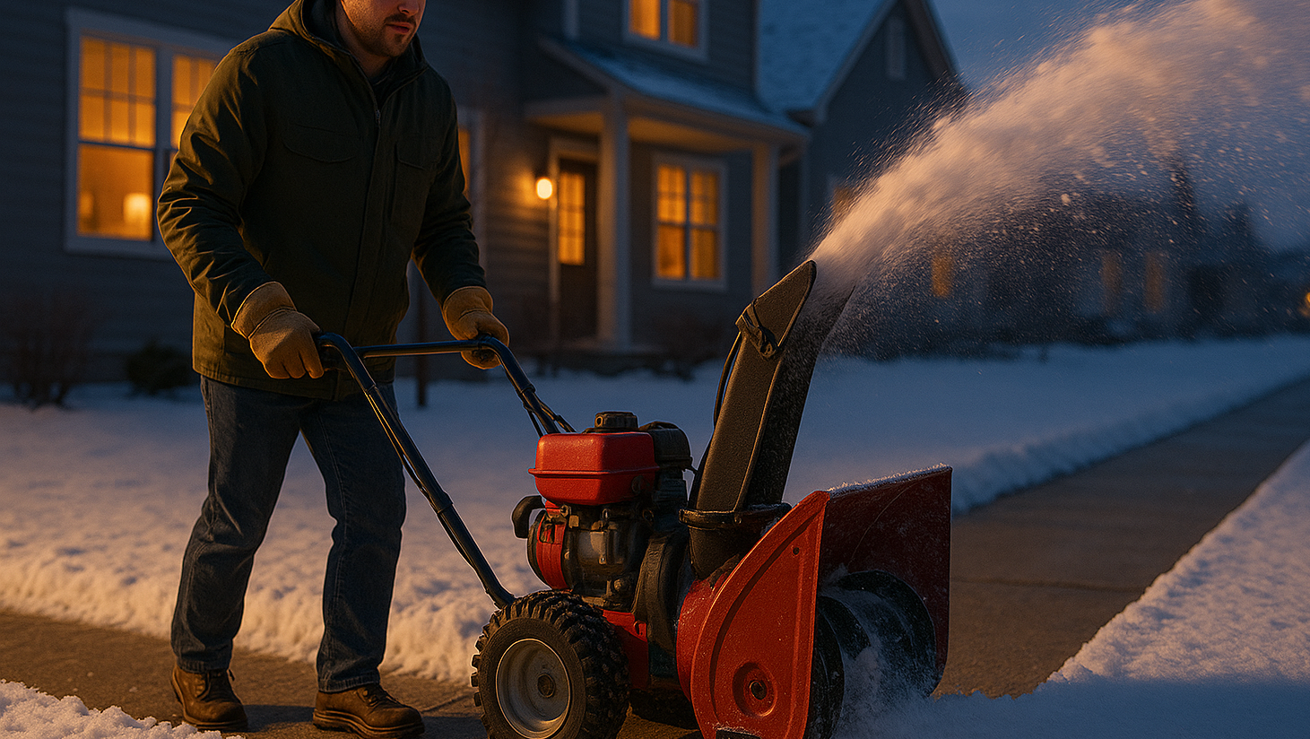 Professional snow removal contractor clearing residential driveway with commercial snowblower